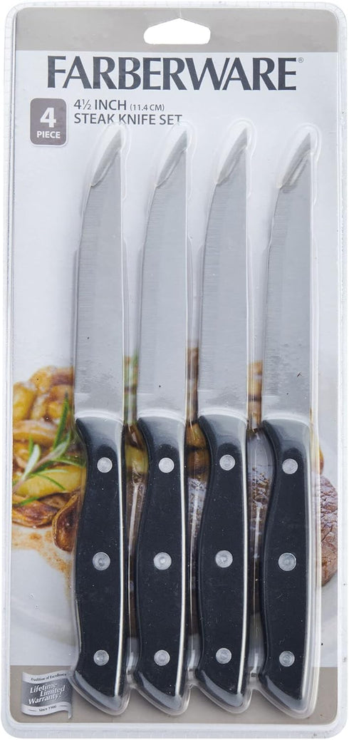 Farberware Triple-Riveted 4-Piece Steak Knife Set, High-Carbon Stainless Steel, Razor-Sharp Knives, Kitchen Knives, Set of 4, Black...