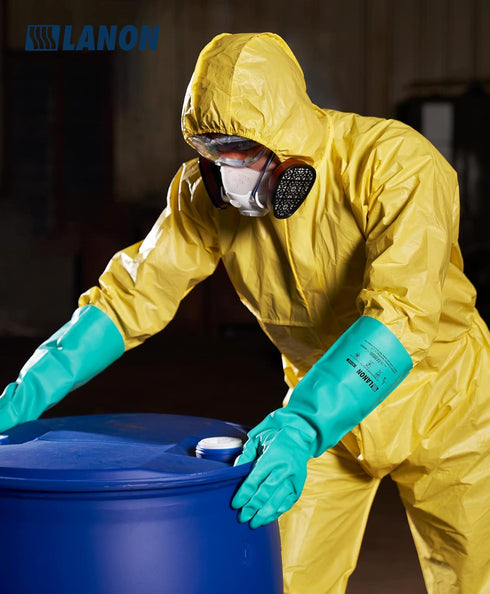 LANON Nitrile Chemical Resistant Gloves, Reusable Heavy Duty Safety Work Gloves, Acid, Alkali and Oil Protection, 18" Length, Non-Slip, Large...