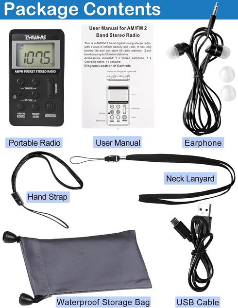 Portable Radio, ZHIWHIS AM FM Mini Transistor Rechargeable Battery Personal Digital Tuning Stereo Pocket Walkmen Radios with Shutdown Memory and E...