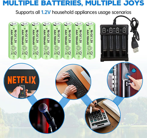 8PCS 1.2V 700mAh Ni Cd AAA Rechargeable Battery with USB Charger for Wireless Microphones, Electric Toys, Remote Mice, Calculators, Razors, Keyboa...