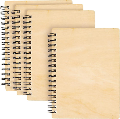 Juvale 4 Pack Wooden Cover Notebook, Spiral Bound Unruled Plain DIY Craft Journal for Students, Sketches, Writing, Arts and Crafts, Note Taking, 2...