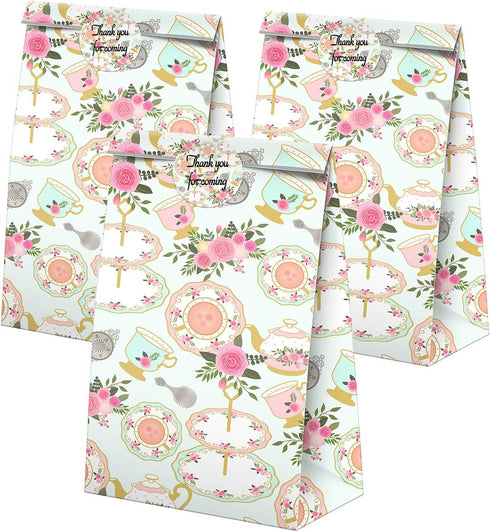 24 Pcs Tea Party Goodie Bags with Stickers - Tea Themed Birthday Party Favor Bags, Perfect for Kids' Tea Party Supplies and Treat Bags...