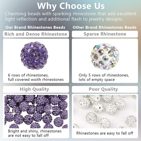 PandaHall 100pcs 10mm Purple Rhinestone Beads - Purple Clay, Polymer Crystal, Disco Ball Round Diamond Clay Beads for Necklace, Bracelet, Jewelry ...