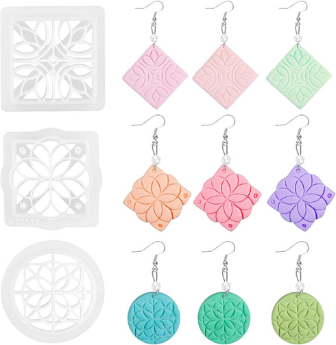 Framendino, 3 Pack Polymer Clay Cutters Vintage Pattern Polymer Clay Molds Retro Geometric Flower Clay Earring Cutters for Polymer Clay Jewelry Ma...