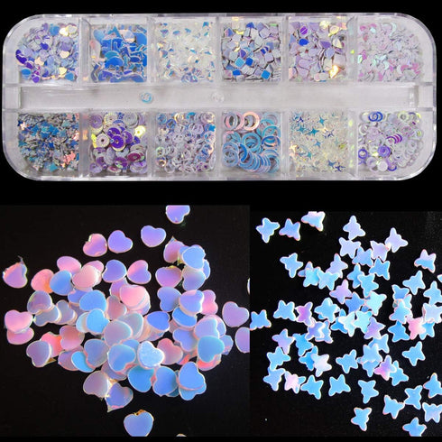 LuckForever 2 Boxes Chunky Glitter Flakes Heart Star Clover Leaf Snowflake Iridescent Blue Glitter Sequins Charms Resin Slime Crafts Nail Art Deco...