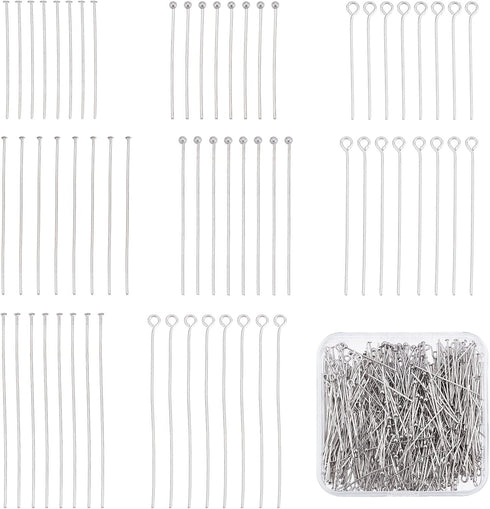 SUNNYCLUE 1 Box 600Pcs 8 Style 30mm 40mm 50mm Assorted Head Pins Stainless Steel Ball Pins Eye Pins for Jewelry Making Assorted 22 Gauge Open Eye ...