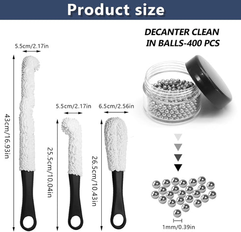 3 Pieces Decanter Cleaning Brush with 400 Pieces Cleaning Beads, Wine Glass Cleaner Brush Flexible Bottle Cleaning, Household Cleaning Tools for W...