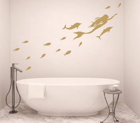 Mermaid Wall Decals, Fish Wall Stickers, Nautical Sea Ocean Dolphin Decal, Vinyl Sticker for Bathroom, Nursery Decor, Home Decor Art Mural A56 (Go...
