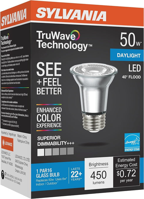 Sylvania LED TruWave Natural Series PAR16 Light Bulb, 50W Equivalent Efficient 6W, Medium Base, Dimmable, 450 Lumens, 5000K, White, 1 Count (Pack ...