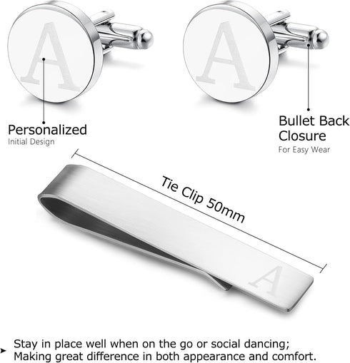 LOYALLOOK Classic Engraved Initial Cufflinks and Tie Clip Bar Set Alphabet Letter Formal Business Wedding Shirts A...