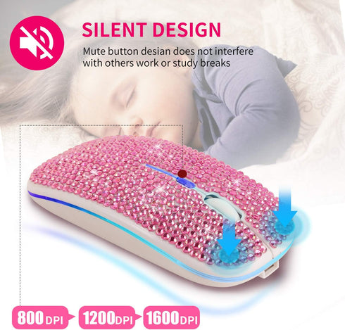 HXMJ Bling Dazzling Rechargeable 2.4GHz+5.2 Bluetooth Wireless Mouse Covered with Crystal Diamond Rhinestone,RGB Backlit,Great Gift idea for Her (...