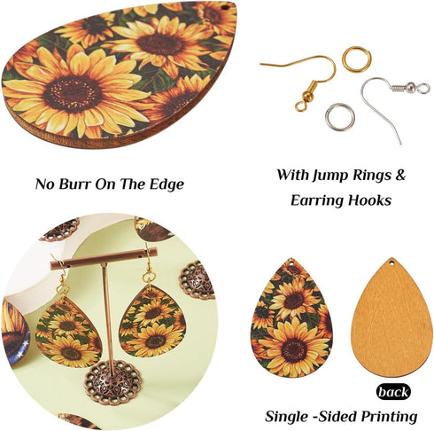 Beadthoven 18 Pairs DIY Sunflower Printed Wood Dangle Earring Making Kit VIntage Rustic Summer Flower Wood Pendants Teardrop Charms Hanging Orname...