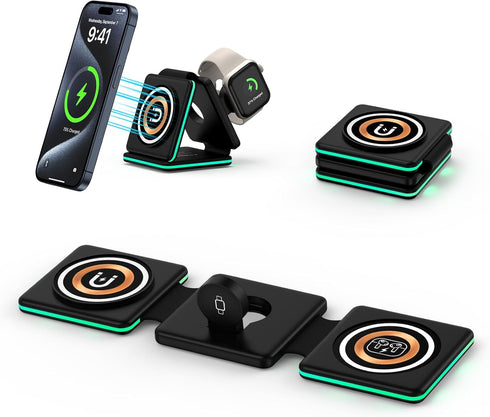 3 in 1 Wireless Charging Station for iPhone 15/14/13/12 Pro/Max/Mini, Magnetic Charger Foldable for AirPods 3/2/Pro, Travel Wireless Charging Pad ...