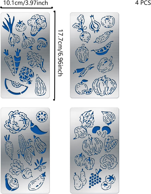 FINGERINSPIRE 4 Pcs Vegetables Fruits Theme Metal Journal Stencil Metal Painting Template Stainless Steel Multifunctional Planner Metal Stencils T...
