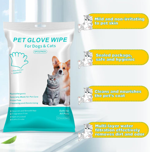 12 Pcs Dog & Cat Cleaning Glove Wipes,Dog & Cat Pet Bath Wipes,Cleaning and Deodorizing Pet Grooming Gloves,No-Rinse Disposable Wipes,Cleans-Sooth...