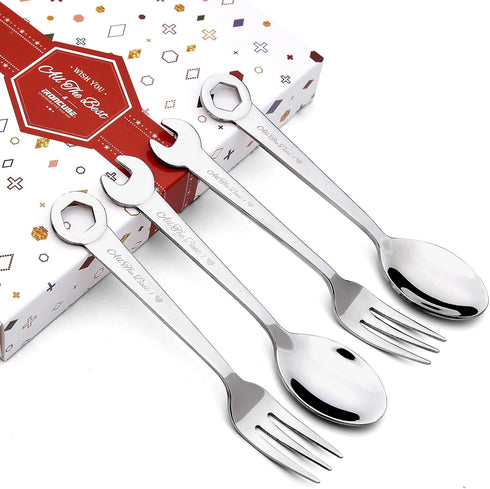 Creative Cutlery Set: 4-Piece 304 Stainless Steel Wrench-Shaped Handles Spoons & Forks - mechanical themed...
