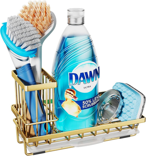 Consumest Sink Caddy, Kitchen Sponge Holder + Dish Brush Holder for Kitchen Sink, Sink Organizer with Drip Tray for Countertop, Stainless Steel Ru...