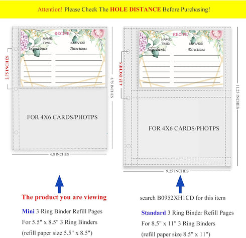 Recipe Card Page Protectors, Mini Recipe Card Sleeves for 8.5 x 9.5 3-Ring Binder, 2 Pockets Per Page, Recipe Binder Refill Pages (50 PCS, 4x6 Inc...