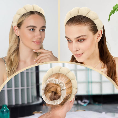 7Pc Puffy Spa Headband and Wristband Set Skincare Headband for Washing Face Scrunchies Powder Puffs Sponge Spa Makeup Headband Puffy Headband Terr...