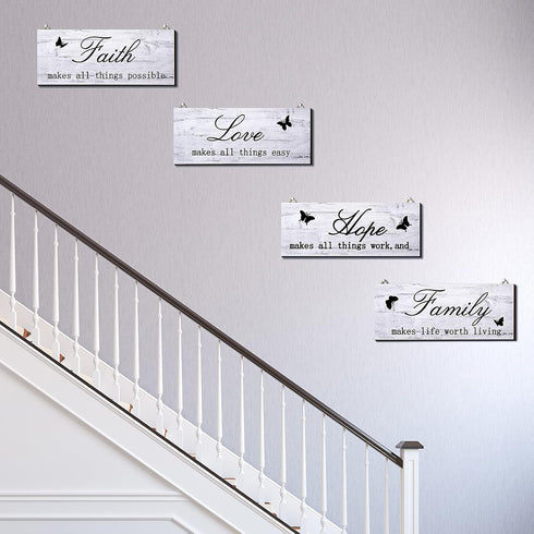 4 Pieces Faith Love Hope Family Wood Sign Farmhouse Wooden Family Sign with Quotes Faith Love Hope Family Home Sign Plaque Rustic Wooden Home Wall...