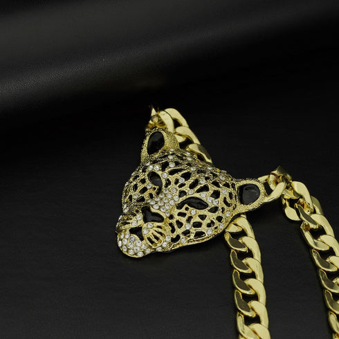Chunky Cuban Chain Leopard Pendant Choker for Women Men,Animal Cheetah Iced Out Charm Necklace with 14K Gold Plated Link,Faux Diamond Bling Bold S...