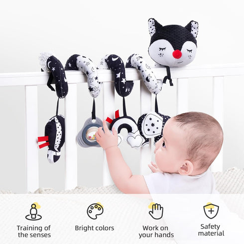 Koty Car Seat Toys, Infant Baby Spiral Plush Activity Hanging Toy for Stroller Bar Pram Crib with Music Box BB Squeaker & Rattles(Black Fox)...