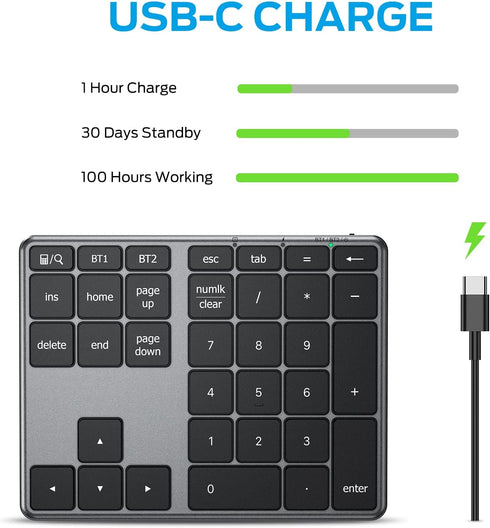 iClever Number Pad, Aluminum Wireless Number Pad for Multi Devices, USB-C Rechargeable, External 34-Keys Bluetooth Keyboard for Data Entry, Compat...