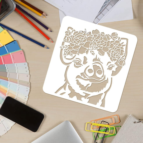 FINGERINSPIRE Pig and Flower Stencil 11.8x11.8inch Reusable Pig Pattern Stencil for Painting DIY Craft Farm Animal Decoration Stencil for Painting...