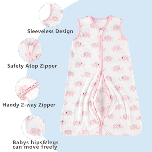 TILLYOU Sleep Sack 0-6 Months - 0.5 TOG Baby Wearable Blanket with 2-Way Zipper, Extra Soft Cotton Sleeveless Sleeping sack 2 Pack, Pink Elephant...