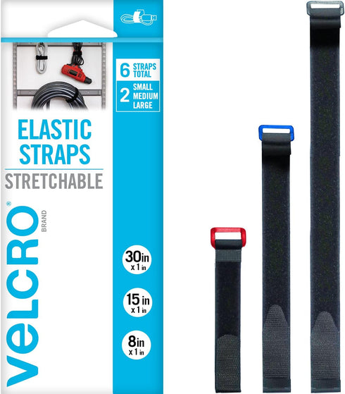 VELCRO Brand VEL-30794-AMS Elastic Cinch Straps with Buckle | 6pc Variety Pack 8"-15"-30"| Stretchable to Snugly Fasten Power Cords, Lumber, Bicyc...