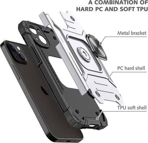 Shockproof Phone Case with Ring for iPhone 13 Military-Grade Drop Protection-Embedded Ring-360° Metal Kickstand Anti-Scratches Cover Support Magne...
