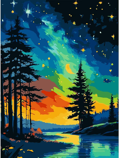 UNIQUORS Paint by Number for Adults Scenery on Canvas without Frame, Paint by Numbers Kit Moon Stars Trees, DIY Landscape Oil Painting for Gift Ho...