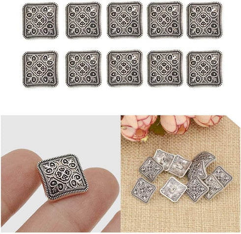 Acxico 10Pcs Square Antique Silver Floral Carved Shank Buttons Sewing Craft Metal...