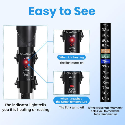 AQUANEAT Aquarium Heater, 50W Fish Tank Heater, Adjustable Submersible Water Thermostat with Thermometer...