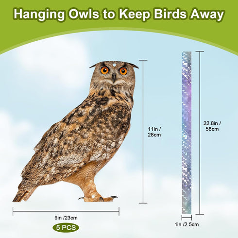 Owls to Keep Birds Away, 5 Pack Fake Owls with Reflective Tape for Garden Patio, Bird Scare Reflective Hanging Decoration to Keep Birds Pigeon fro...