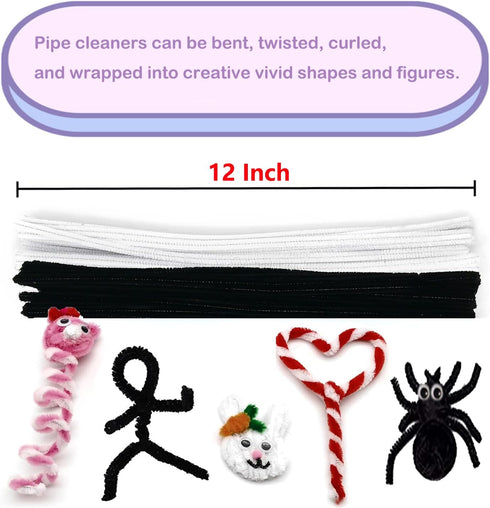 Cldamecy 100 Pcs Black & 100 Pcs White Pipe Cleaners Set with 20 pcs Googly Eyes,Chenille Stems Pipe Cleaners Supplies for Kids DIY Craft Projects...