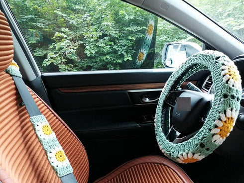 Crochet Steering Wheel Cover,Sunflower Crochet Steering Wheel Cover,Car Steering,Steering Wheel Cover for Women (C A+ 2 Belt Cover)...