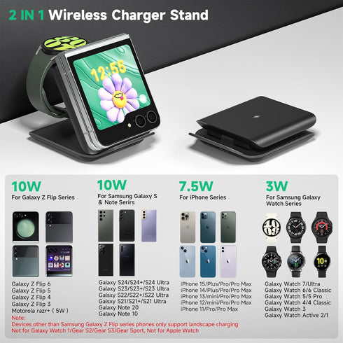 Wireless Charger for Samsung Galaxy Z Flip, 2 in 1 Foldable Travel Fast Wireless Charging Stand for Galaxy Z Flip 6/5/4/3, Galaxy S24 Ultra/S23/S2...
