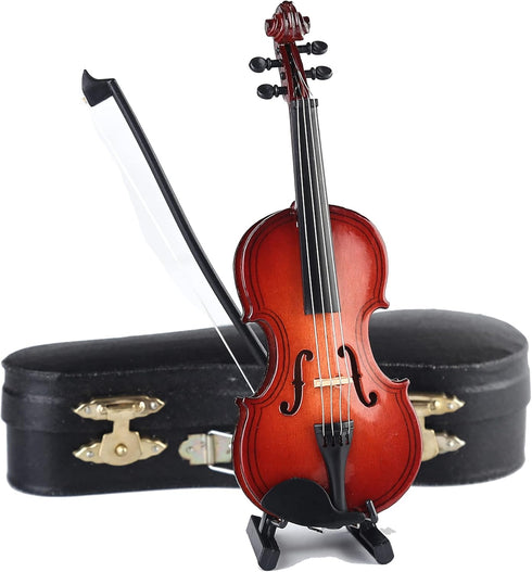 Dselvgvu Wooden Miniature Violin with Stand,Bow and Case Mini Musical Instrument Miniature Dollhouse Model Ornament Home Decoration (5.63"x2.05"x0...