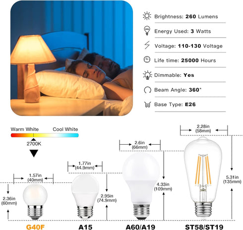 Dimmable LED 3W Small Light Bulb, 25w Equivalent E26 Standard Screw Base, G40 Soft Warm White 2700K 260lm Frosted Lights Bulb for Bathroom, Bedroo...