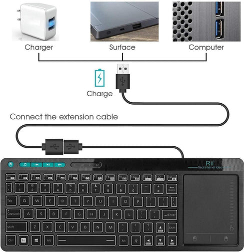 Rii K18 Plus Wireless 3-LED Color Backlit Multimedia Keyboard with Multi-Touch Big Size Trackpad,Rechargable Keyboard for Android TV Box,PC,Smart ...