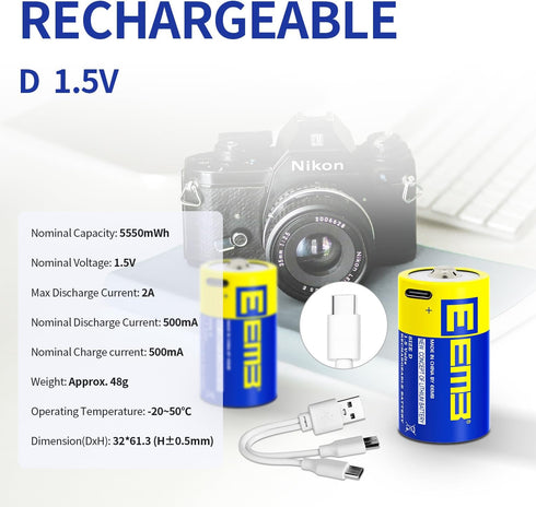 EEMB D Batteries 1.5V Rechargeable D Batteries 5550mWh Rechargeable Lithium D Cell Batteries USB Type C Charging Cable LR20 Replacement Battery fo...