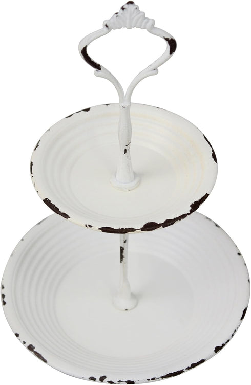 Stonebriar Small 2 Tier Worn White Metal Tray, Rustic Farmhouse Decor, Tiered Jewelry Tray for Vanity or Bathroom, 9.25"...