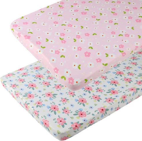 Pack n Play Playard Fitted Sheets 2 Pack Set for Baby Girl Soft Stretchy Jersey Knit Portable Mini Crib Mattress Cover, Pink Floral...