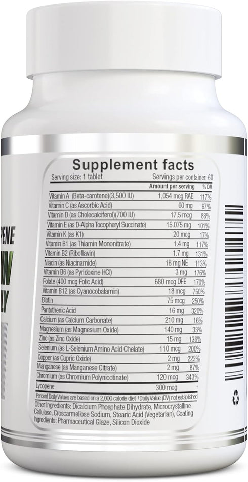 Multivitamin Once Daily, Max Strength Vitamins A, C, D, E, K, B1, B2, B6, B12, Niacin, Calcium, Magnesium, Zinc, Selenium, Copper, Manganese, Chro...