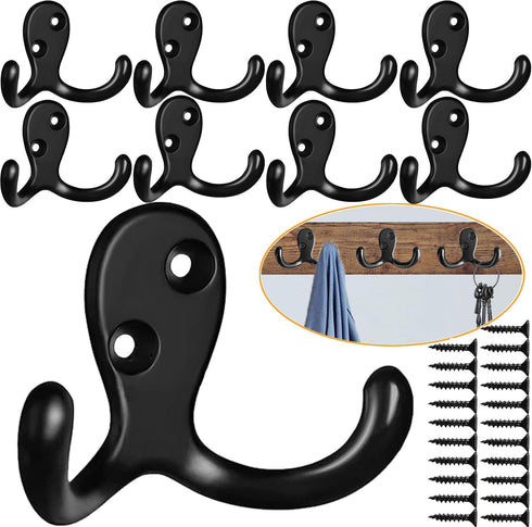 Coat Hooks Hardware, 10Pcs Wall Hooks Heavy Duty Hooks for Hanging Coats No Rust Double Robe Hook Wall Mounted for Key Towel Bags Cup Hat (Black)...
