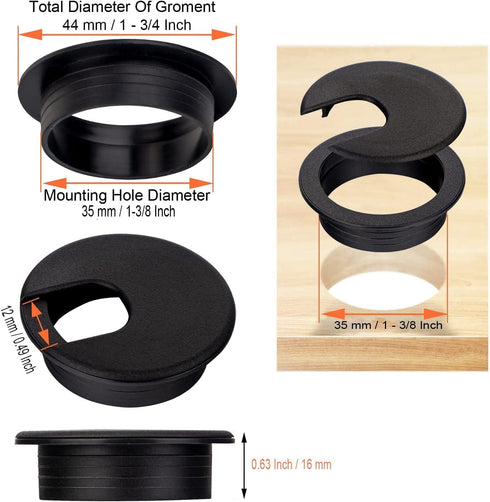 20 Pack 1-3/8 Inch/35mm Round Plastic Desk Grommets, Black Wire Organizer Caps, PC Computer Port Cable Hole Cover, Perfect for Hide Data Cords in ...