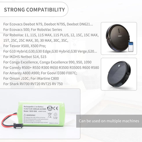 3400mah Li-ion Battery for Eufy RoboVac 11 11S 30 15C 15T 12 35C, for Ecovacs Deebot N79S N79S N95 DN622, for Hybrid G30 G20 R500 R450, for Goovi ...