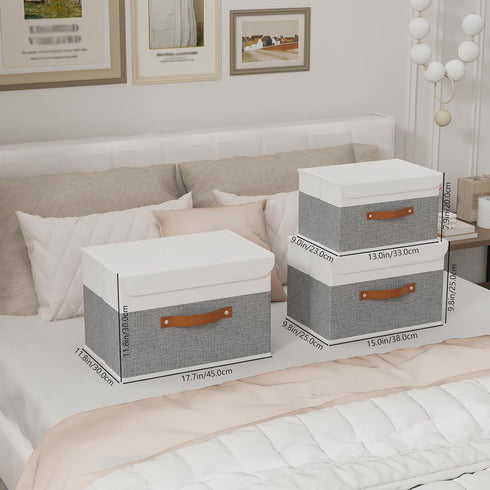 Yawinhe Storage Boxes with Lids, Linen Fabric Bin, Cube Organizer Basket, Washable and Leather Handle, for Home, Closet, White/Grey, 15.0''Lx9.8''...