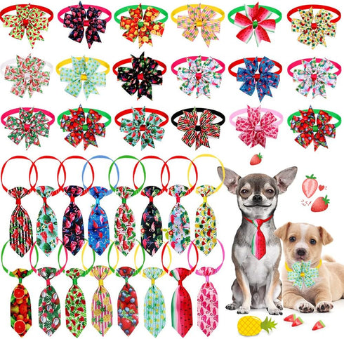32pcs Summer Dog Collar Bow Ties, Bulk Adjustable 16pcs Small Dog Bow Ties and 16pcs Dog Neck Ties, Hawaii Fruit Dog Collar Bowties for Small Medi...